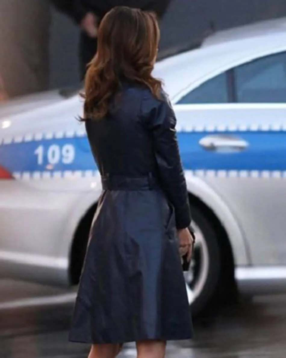 The A-Team Jessica Biel Sosa Blue Belted Leather Coat