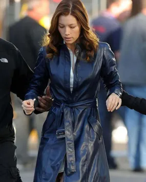 The A-Team Jessica Biel Sosa Blue Belted Leather Coat