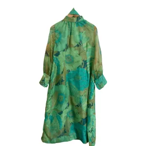 Vintage 70s Unbranded Chiffon Long Sleeve A-line Belted Maxi Dress Teal Blue Acid Green Floral Print UK Size 14