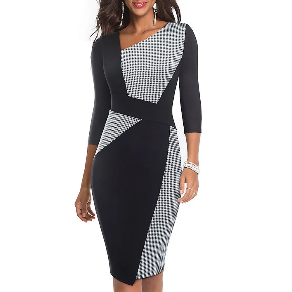 Vintage Women Patchwork Asymmetrical Collar Dress