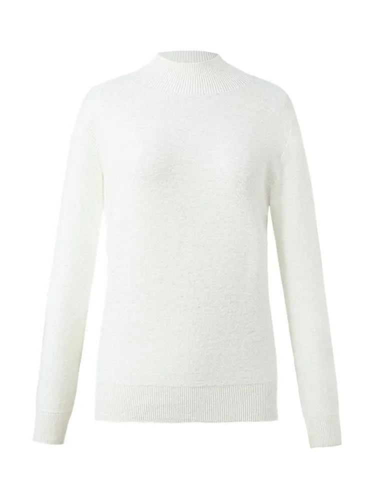 White Wool Sequins Seamless Mock Neck Sweater
