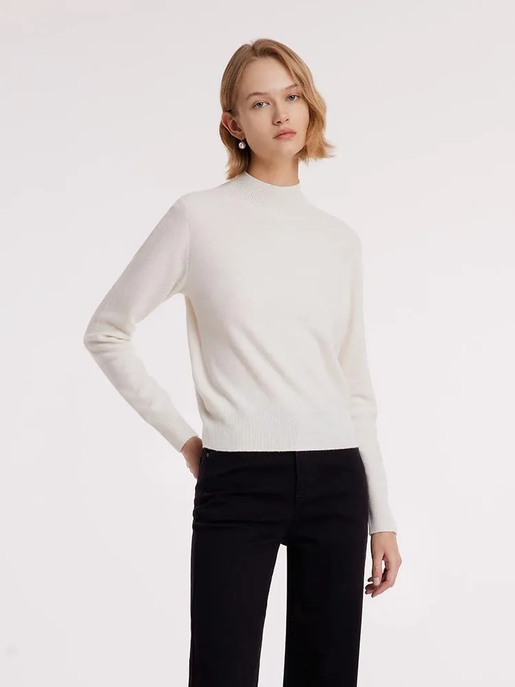 White Wool Sequins Seamless Mock Neck Sweater