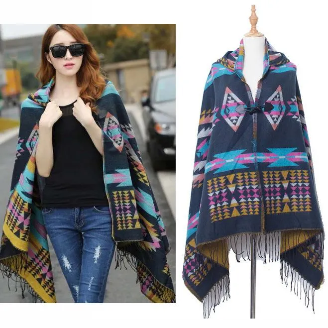 Women's Bohemian Casual Winter Hooded Shawl Plaid Capes Blanket