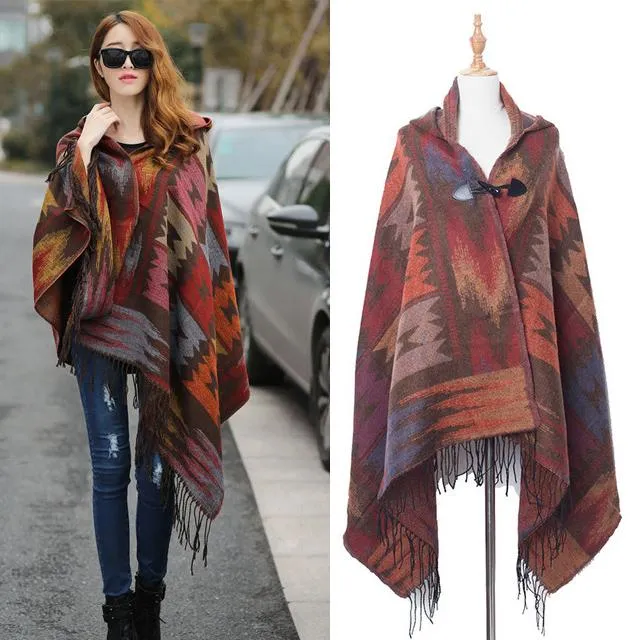Women's Bohemian Casual Winter Hooded Shawl Plaid Capes Blanket