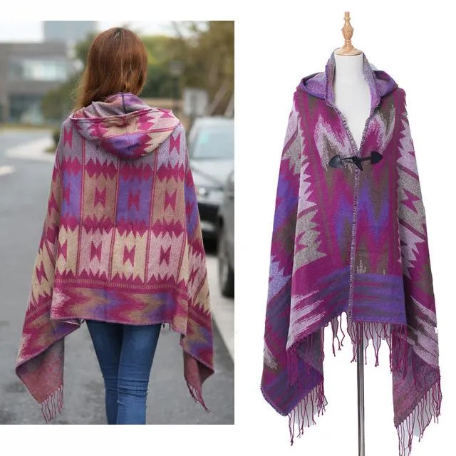 Women's Bohemian Casual Winter Hooded Shawl Plaid Capes Blanket