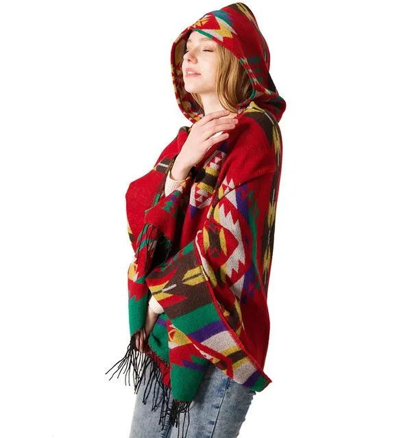 Women's Bohemian Casual Winter Hooded Shawl Plaid Capes Blanket