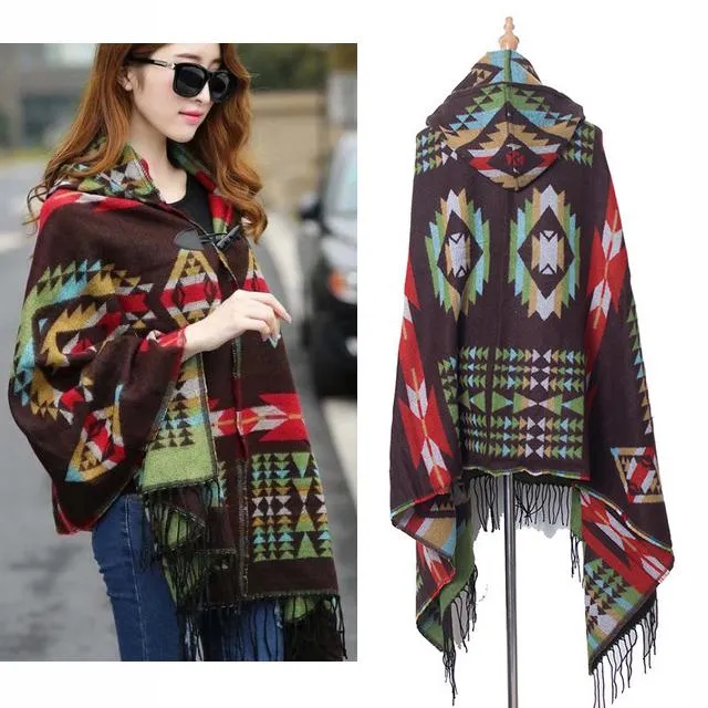 Women's Bohemian Casual Winter Hooded Shawl Plaid Capes Blanket