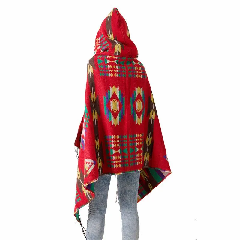 Women's Bohemian Casual Winter Hooded Shawl Plaid Capes Blanket