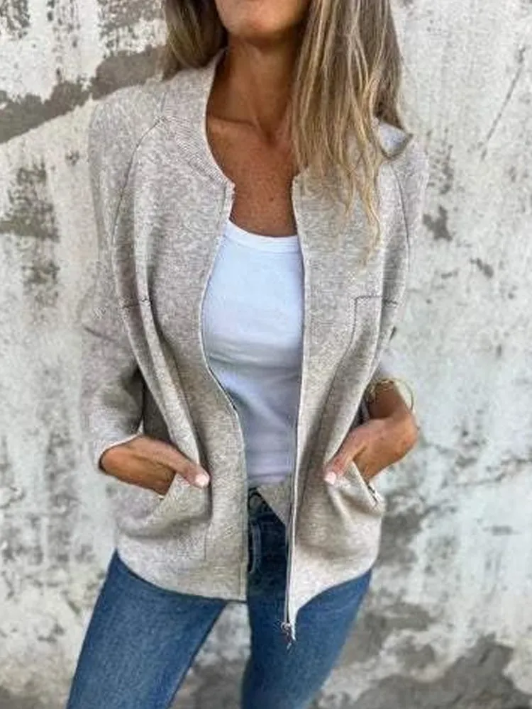 Women's Solid Color Casual Round Neck Zipper Pocket Jacket