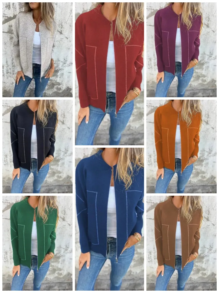 Women's Solid Color Casual Round Neck Zipper Pocket Jacket