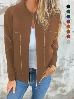 Women's Solid Color Casual Round Neck Zipper Pocket Jacket