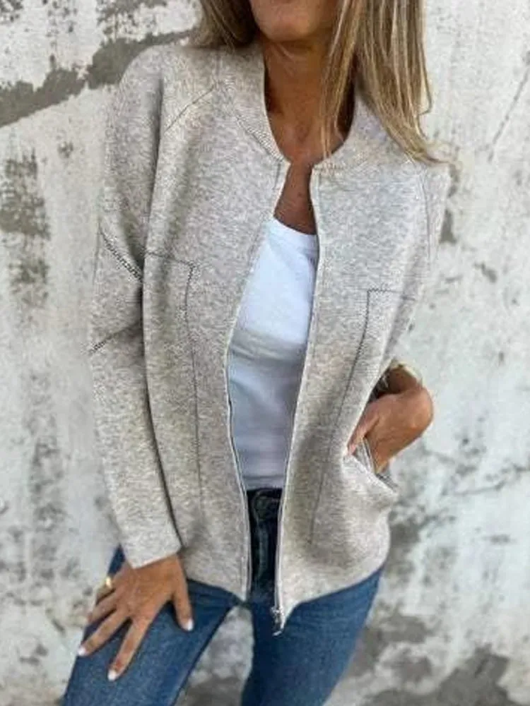 Women's Solid Color Casual Round Neck Zipper Pocket Jacket