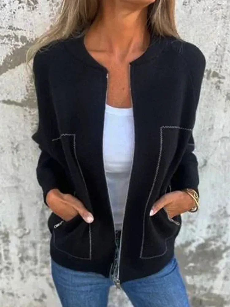Women's Solid Color Casual Round Neck Zipper Pocket Jacket